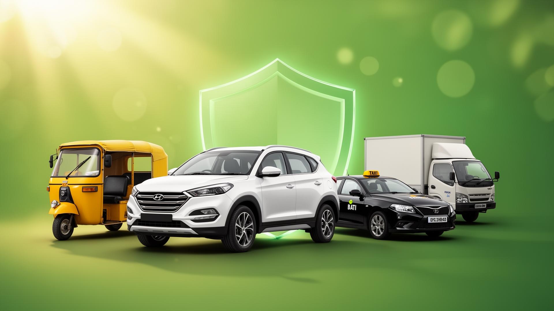 Cars, taxi, auto and truck protected by insurance shield